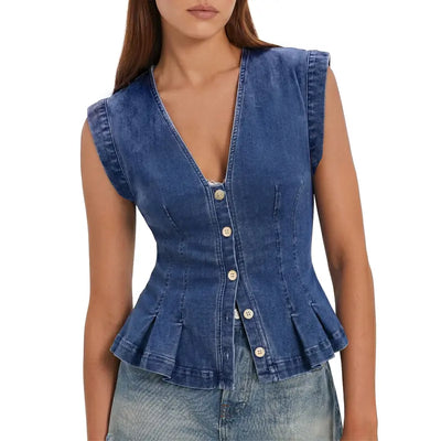 Denim Peplum Button Vest