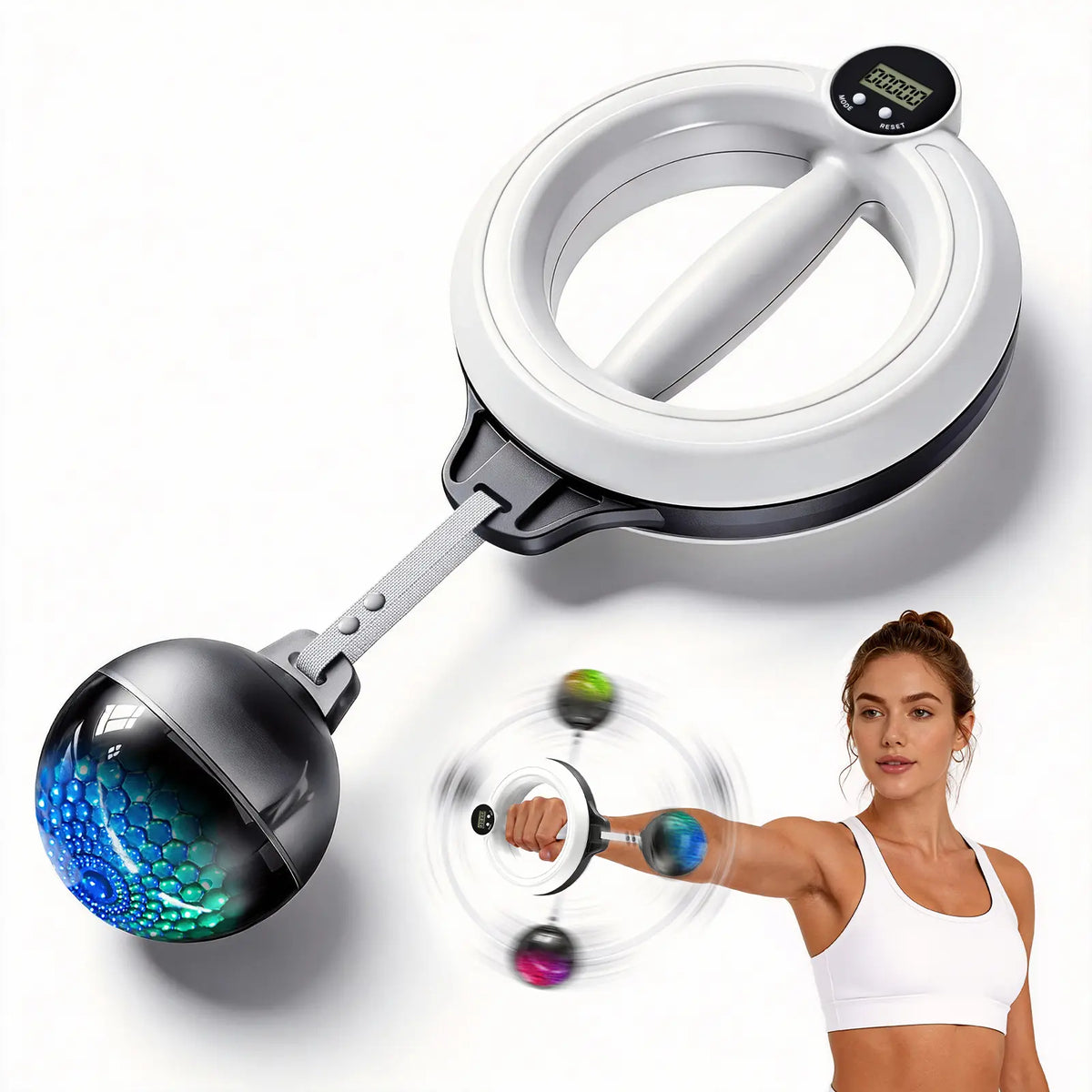 OrbitFlow 360 trainer: white grip ring with one weighted ball on a flexible band