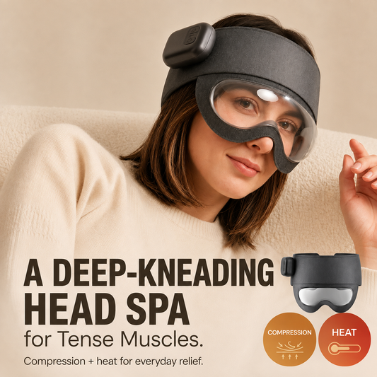 Vorelis Heated Air Compression Head Massager worn across the forehead, temples and eye area