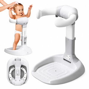 Adjustable baby shower stand shown from the front and side, with its wide non-slip base, adjustable post and curved chest arm