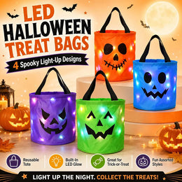 Close view of a green LED trick-or-treat bucket with its lights on