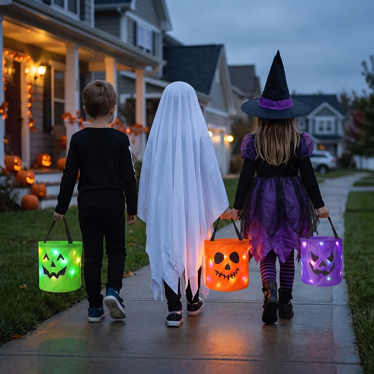 Three children trick-or-treating at dusk on a residential street, each carrying a glowing LED trick-or-treat bucket in green, orange and purple